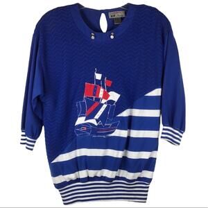 Vtg Formose II for Sabree Nautical Sweater Blue White Sailboat 3/4 Sleeve Medium